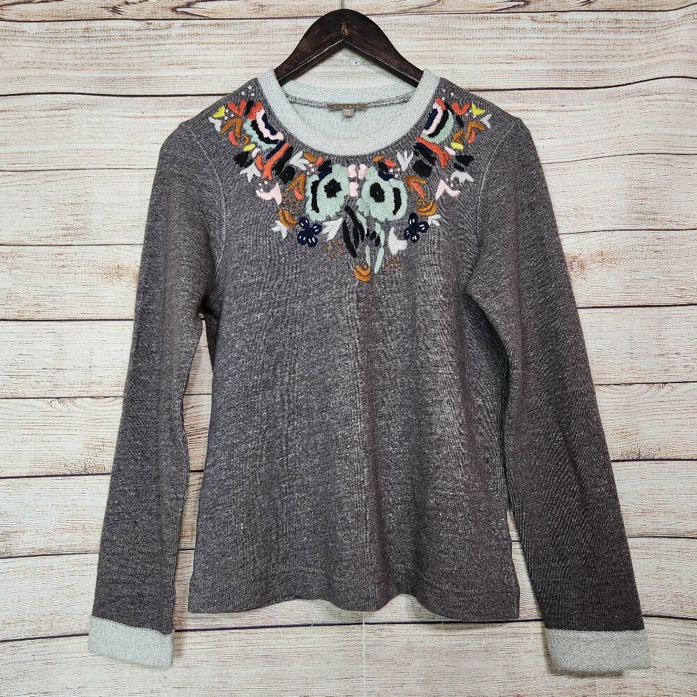 LILLA P Anthropologie Floral Embroidered Brown Pullover Crewneck Sweater Size XS